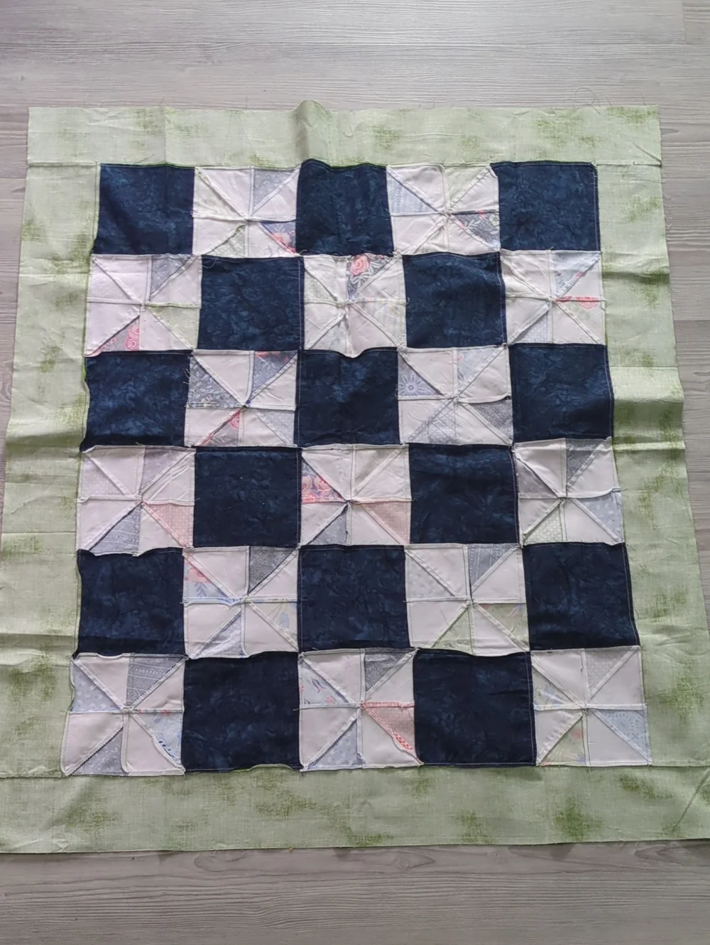 Handmade Unfinished Quilt Top UFO Blue Green Pinwheel Patchwork 41 x 35.5